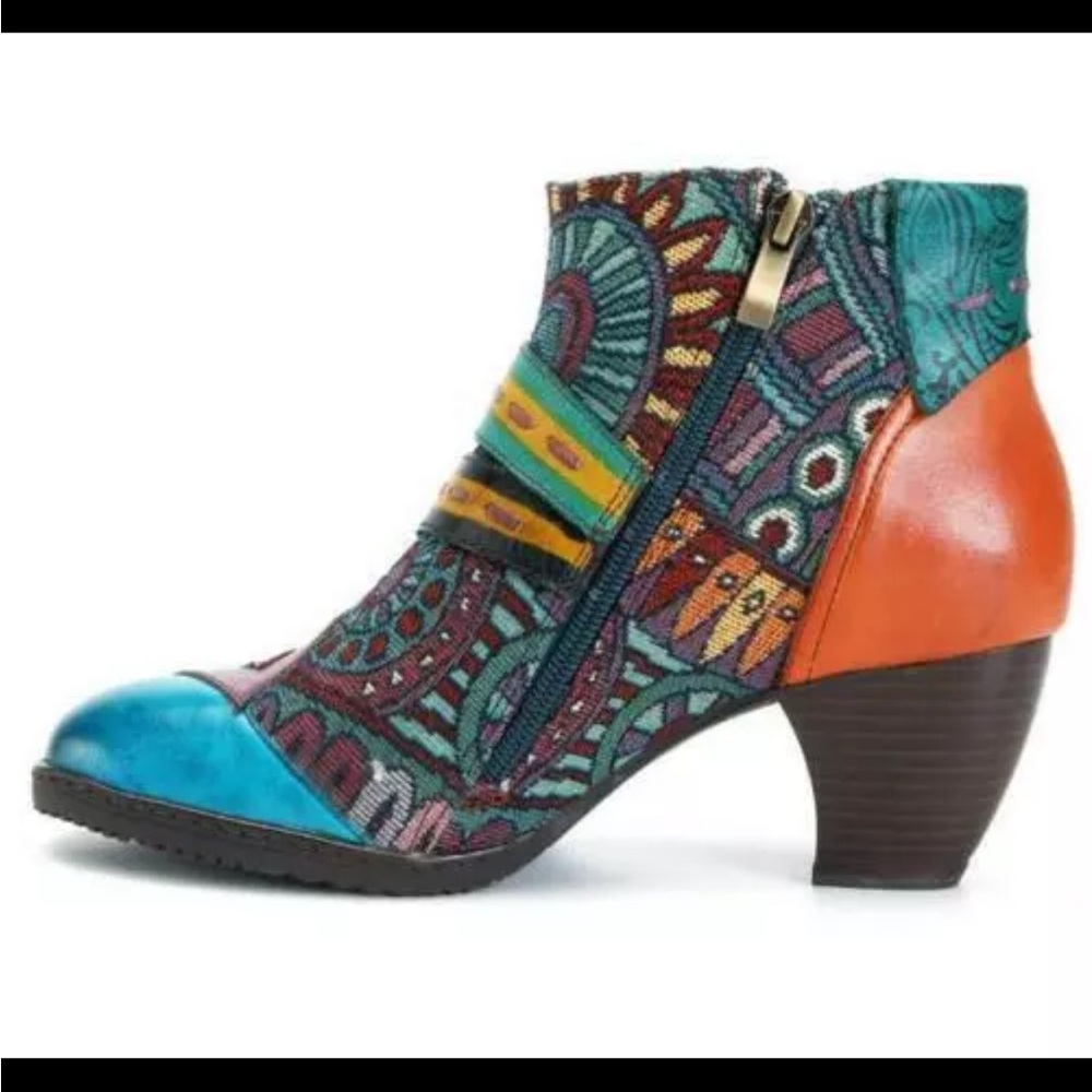 Socofy Patchwork Tapestry Leather Colorful Women's Ankle Boots - Picture 3 of 11